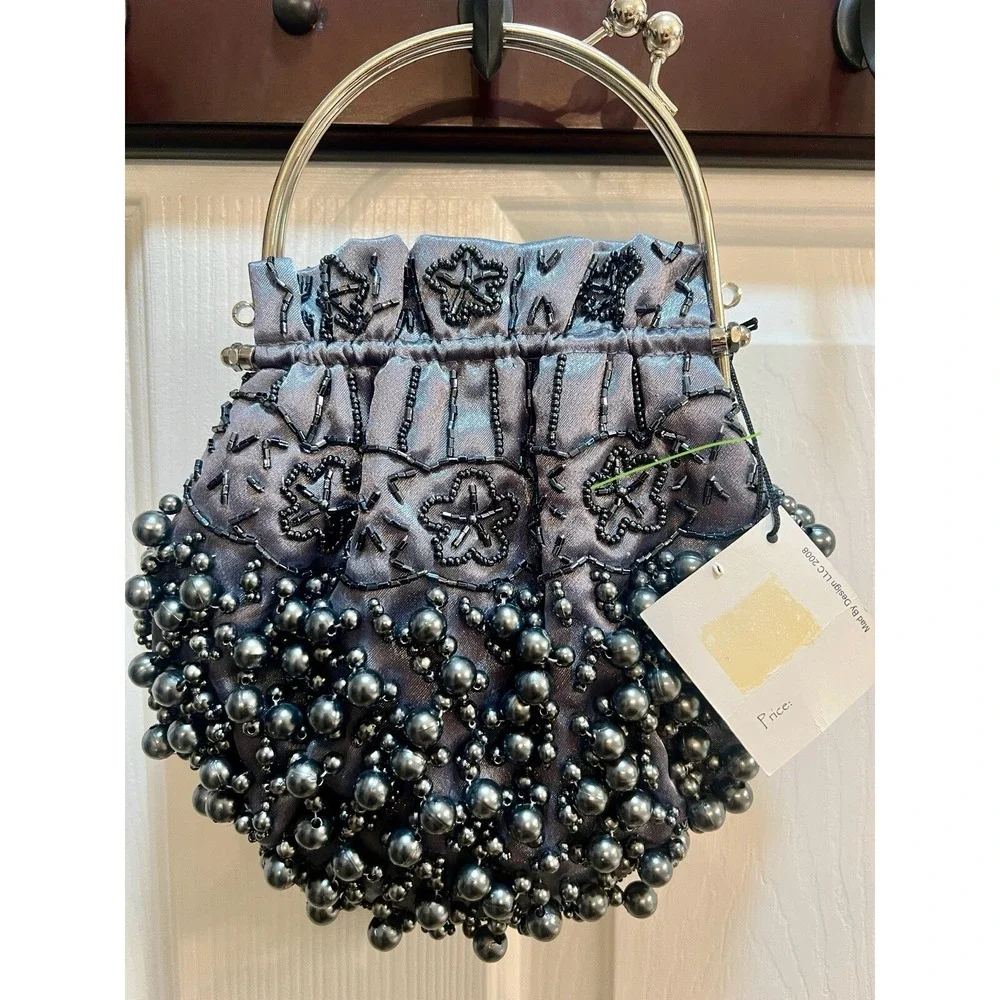 Mad‎ By Design Grey Black Pearl Beaded Bracelet Handle  Purse  New Years Eve